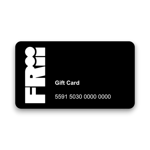 Black gift card with white text on a white background