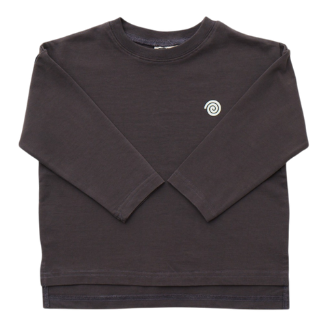 Black long sleeve t shirt with a white logo on a white background