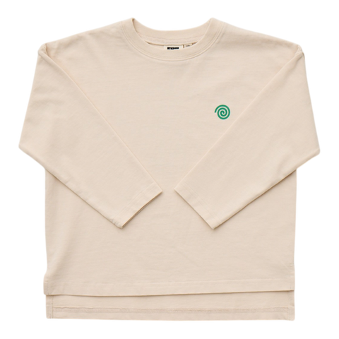 Beige long sleeve t s hirt with a green logo on a white background