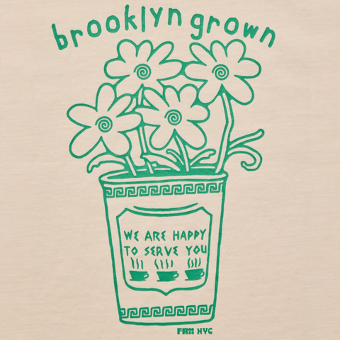 Green illustration of flowers in a anthora coffee cup with 'brooklyn grown' text on a beige background.