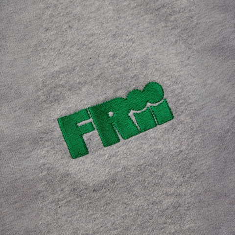 Green frii logo embroidered on a gray sweatshirt