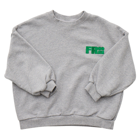 Gray sweatshirt with a green frii logo embroidered on a white background