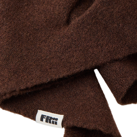 Brown scarf or baby bib with a visible brand frii label on a white background